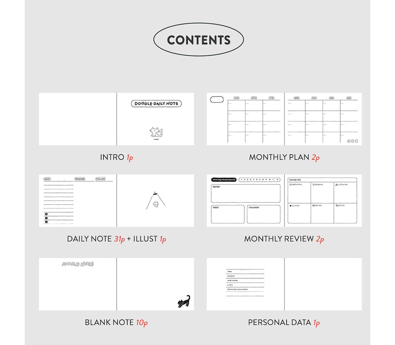 ICONIC Doodle Daily Notebook white content